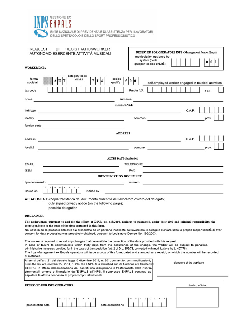 INPS Registration Form for Musicians | PDF