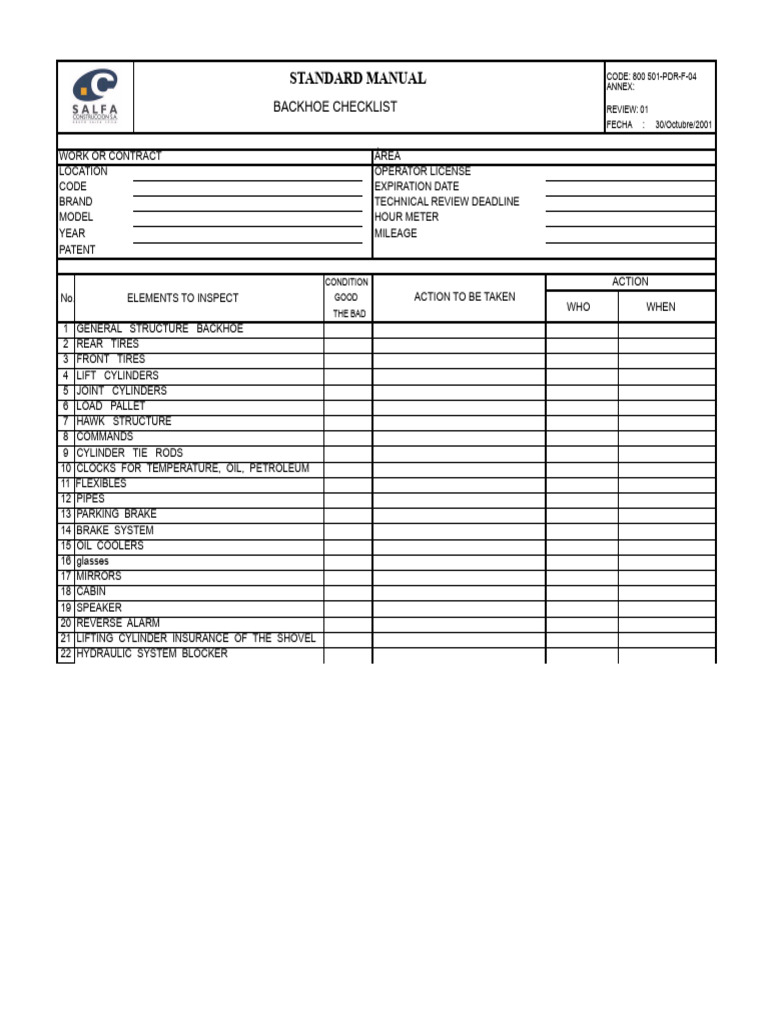 Backhoe and Equipment Inspection Checklist | PDF | Loader (Equipment ...