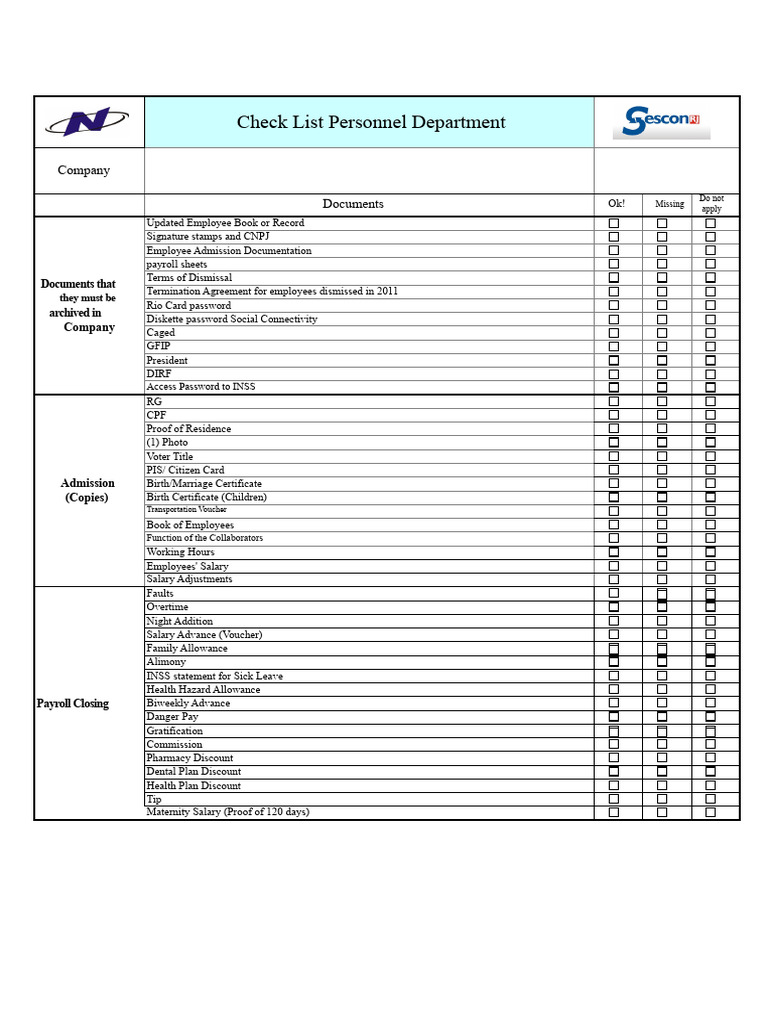 Personnel Department Document Checklist | PDF