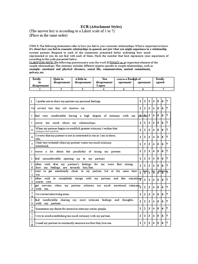 ECR Attachment Styles Questionnaire | PDF | Intimate Relationships ...