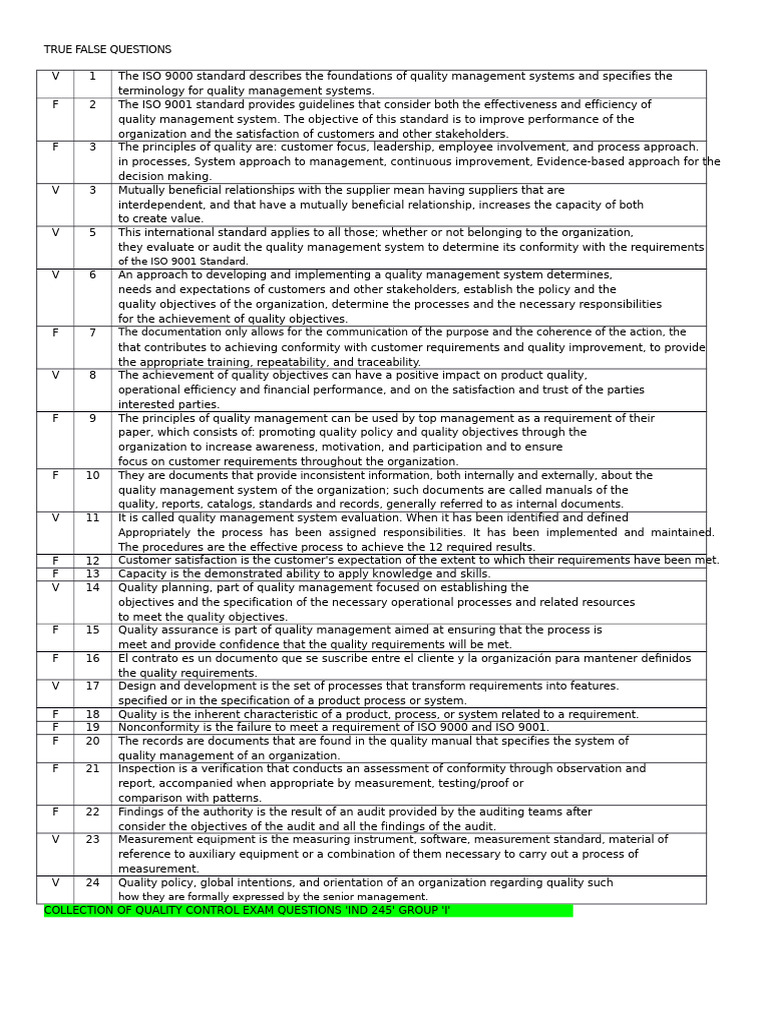 ISO 9001 Quality Management True/False Quiz | PDF | Quality Management ...