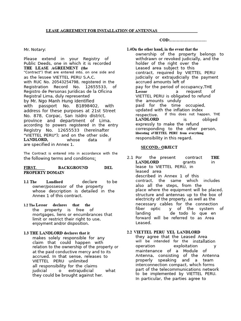 Lease Agreement For Antenna Installation. Natural Person (Mr. HUNG ...