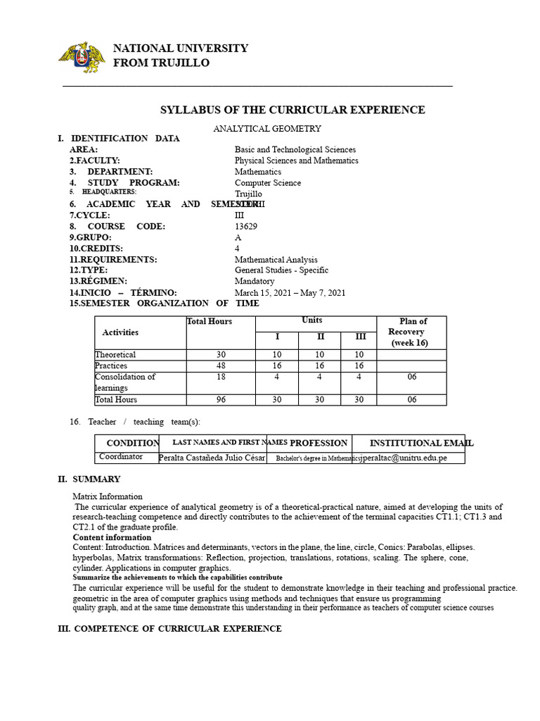 Analytical Geometry Syllabus - National University | PDF | Matrix ...