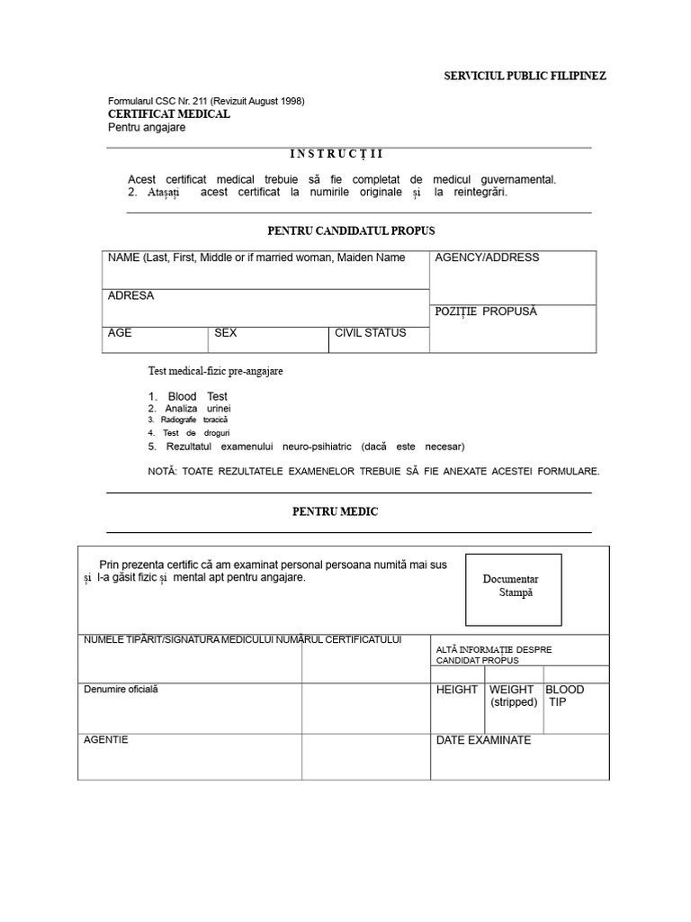 CSC Formular 211 - Certificat Medical PDF | PDF