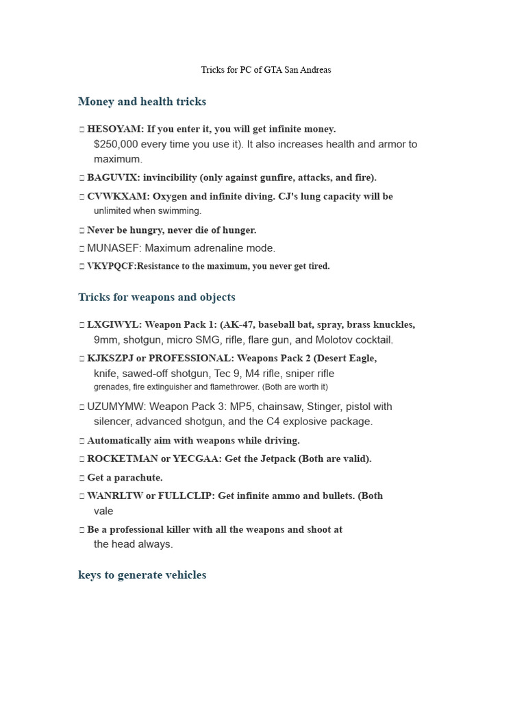 GTA San Andreas PC Cheat Codes Guide | PDF