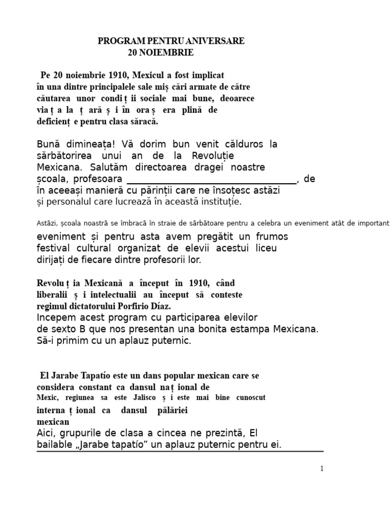 Program pentru Aniversarea din 20 Noiembrie | PDF