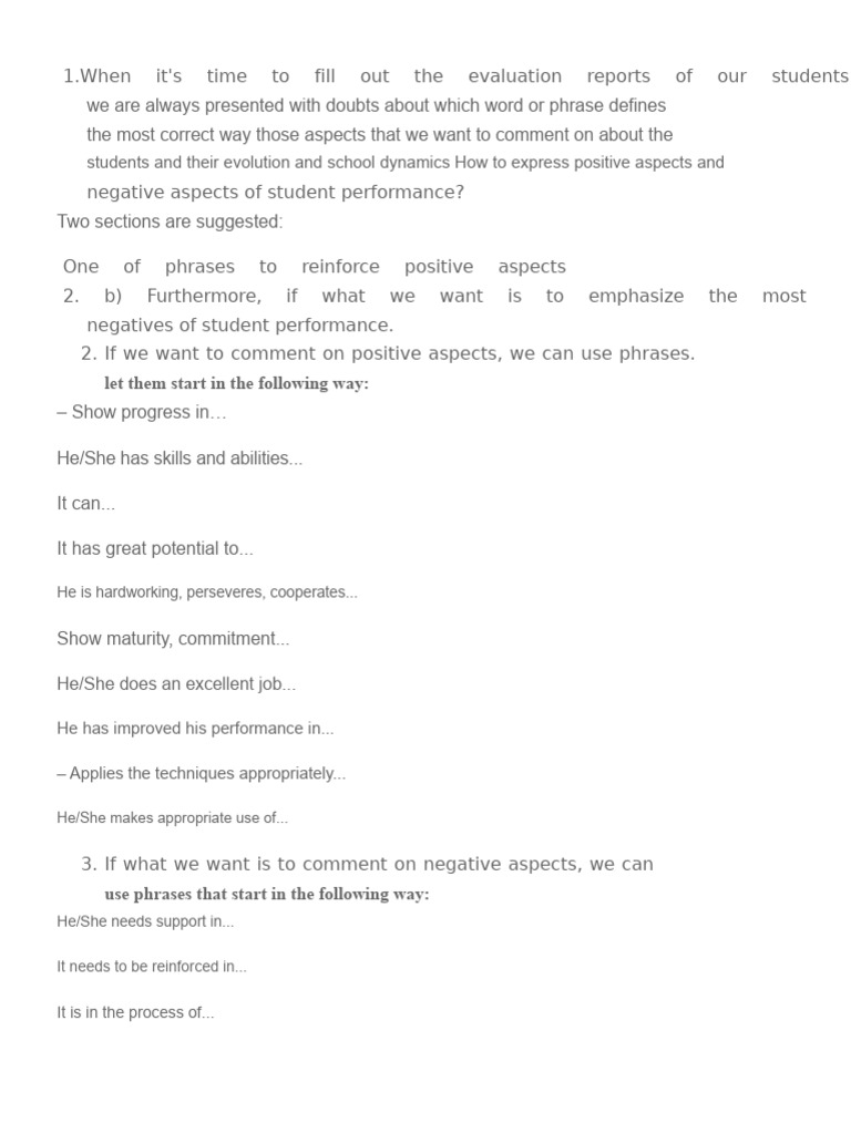 How To Express Positive and Negative Aspects in Students' Performance | PDF