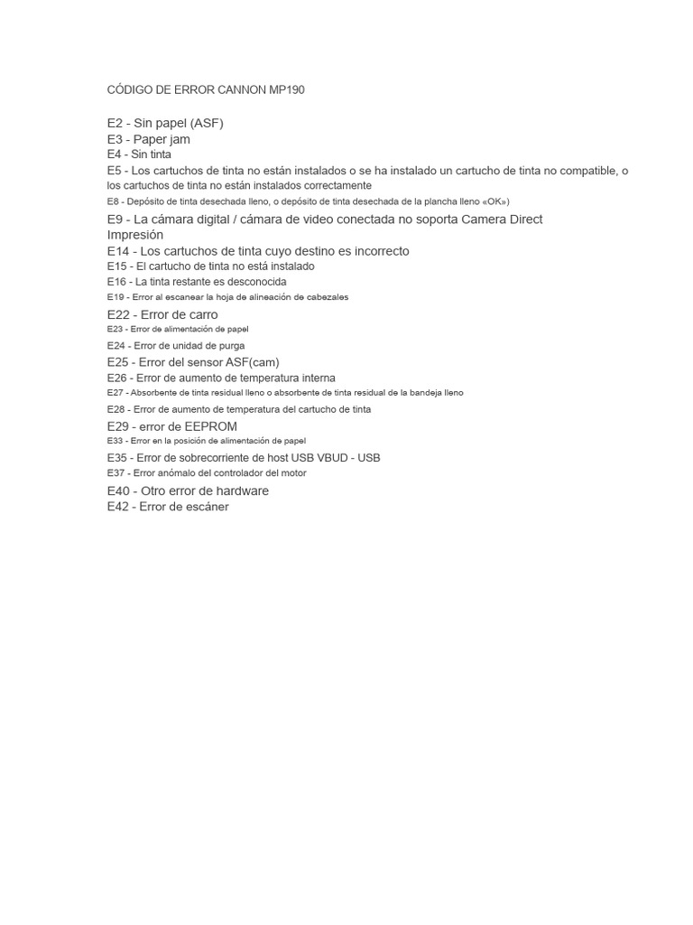 Código de Error Canon MP190 | PDF