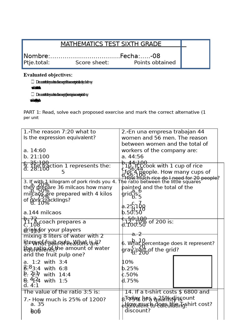Math Test Percentage | PDF | Percentage | Ratio