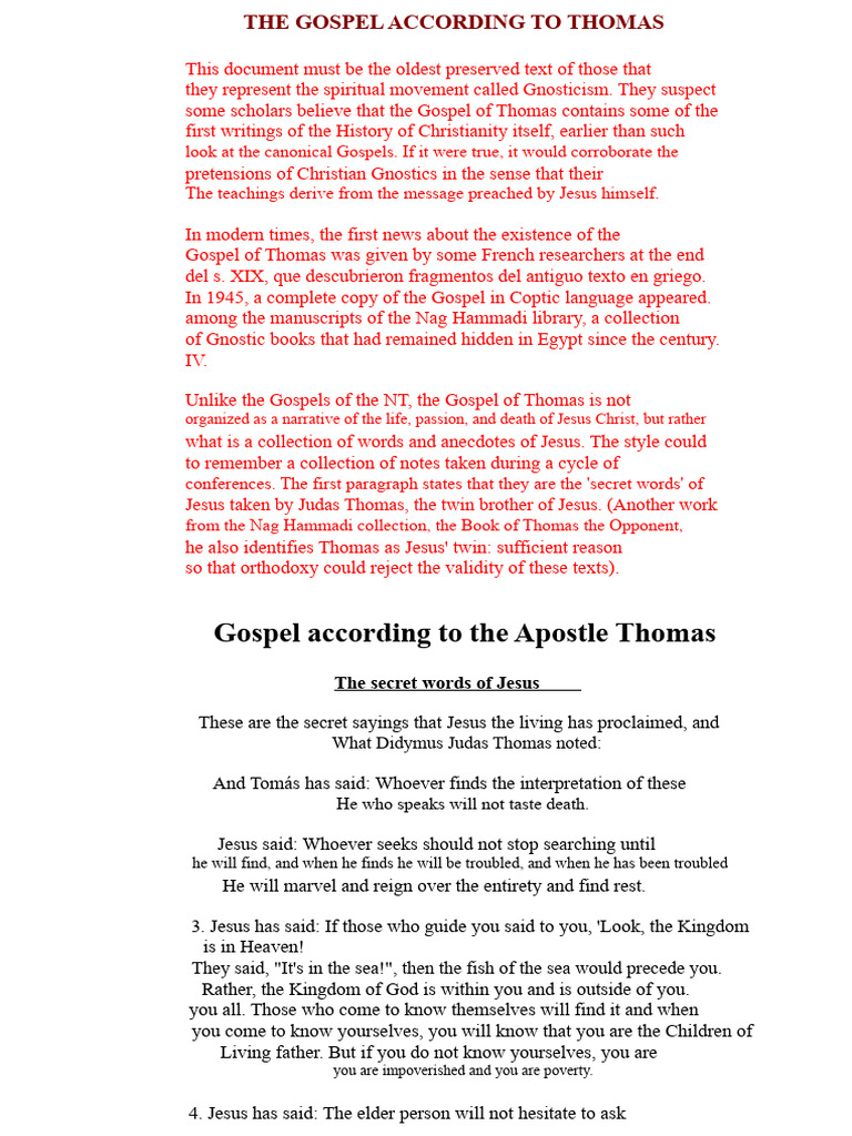 The Gospel According To Thomas | PDF | Gospel Of Thomas | Gospels