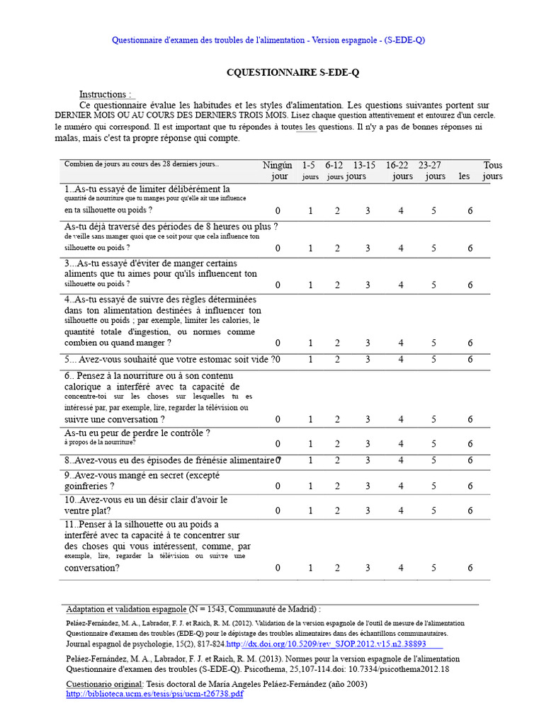 Questionnaire S-EDE-Q : Évaluation des troubles alimentaires | PDF ...