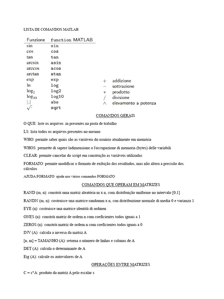 Lista de Comandos Principais Do Matlab | PDF | Matriz (Matemática) | Matlab