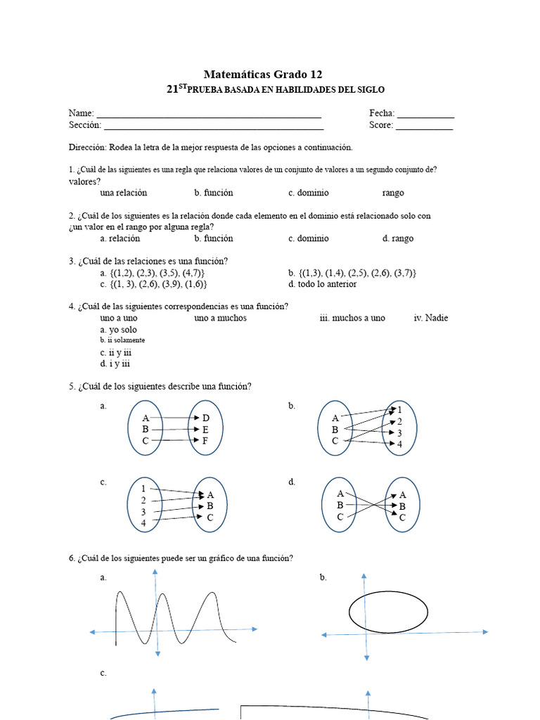 Prueba de Matemáticas Grado 12 | PDF | Función (Matemáticas) | Funcion ...