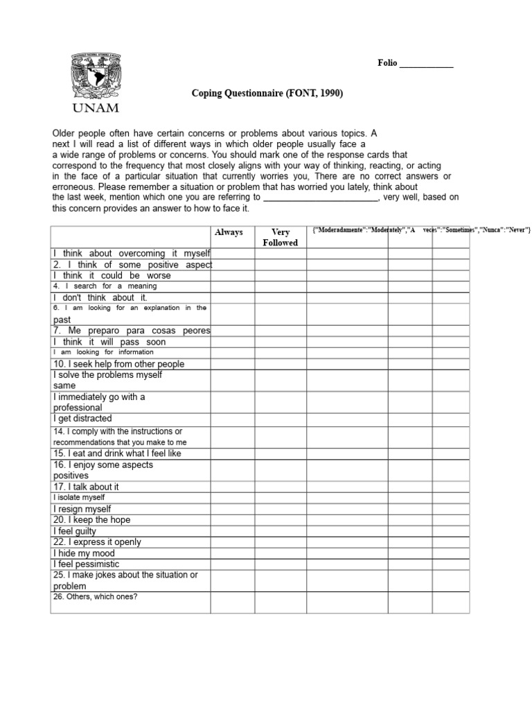 Coping Questionnaire (FONT, 1990) | PDF