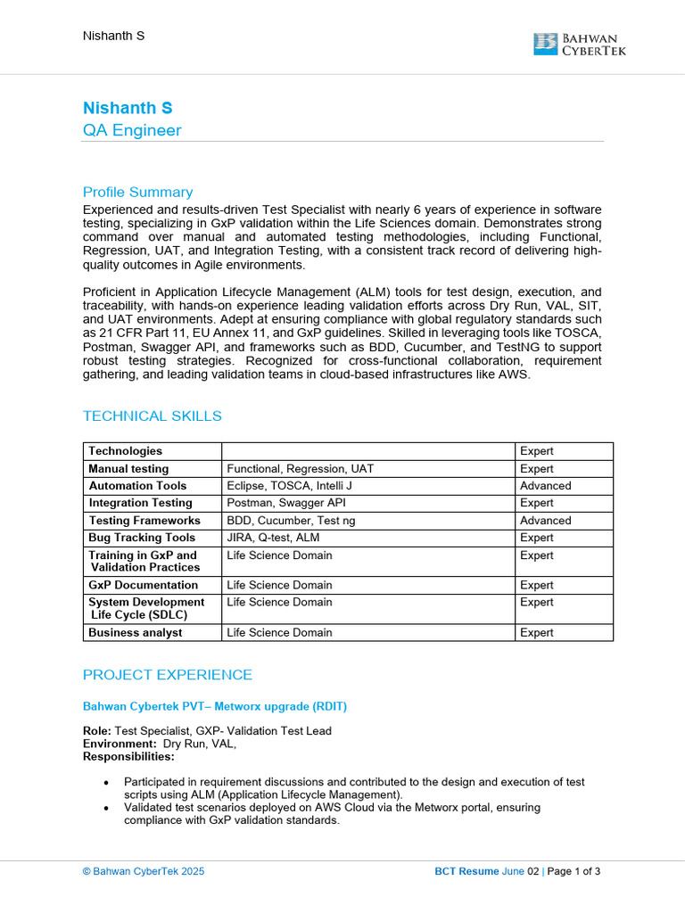 BCT - Nishanth S - QA Engineer | PDF | Software Testing | Scrum ...
