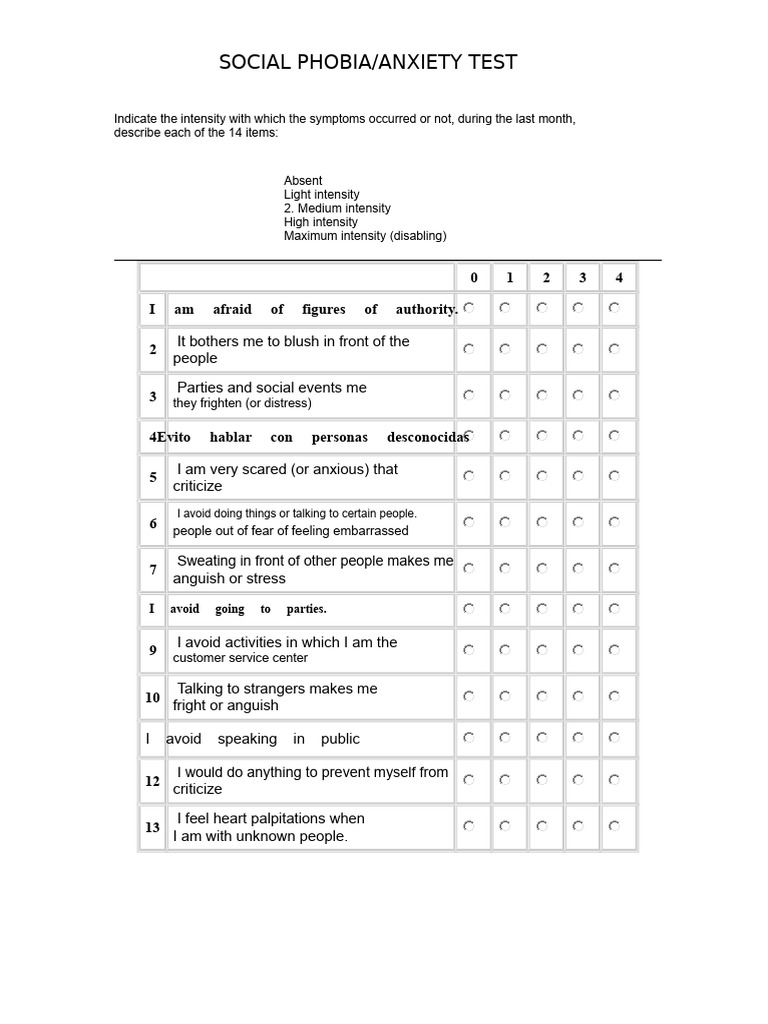 Social Phobia Test | PDF