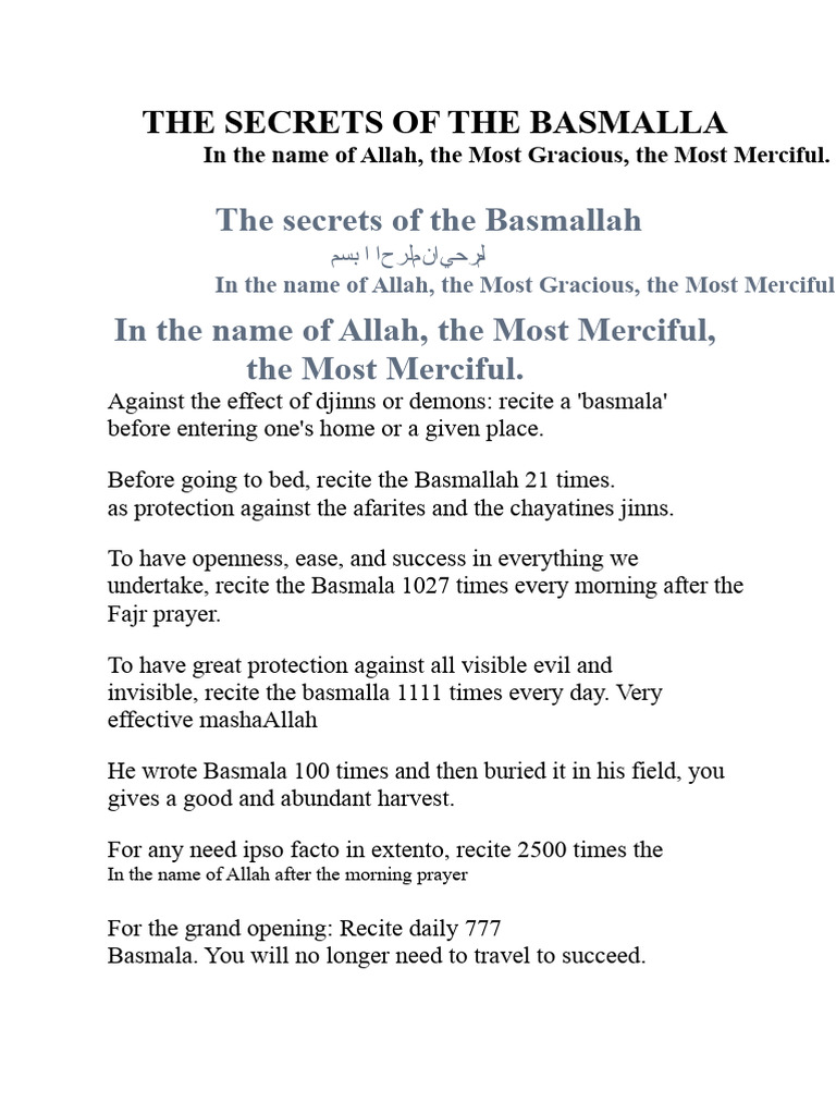 Secrets of Basmala for Protection and Success | PDF | God In Islam | Prayer