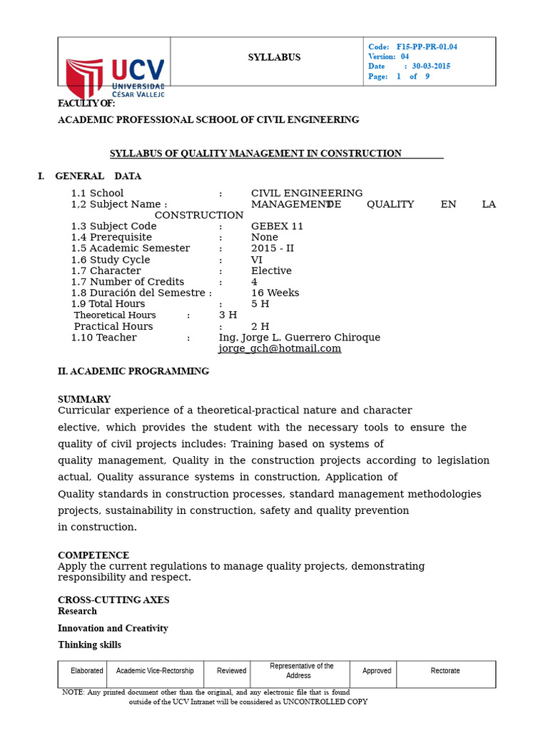 Syllabus of Quality Management in Construction | PDF | Quality ...