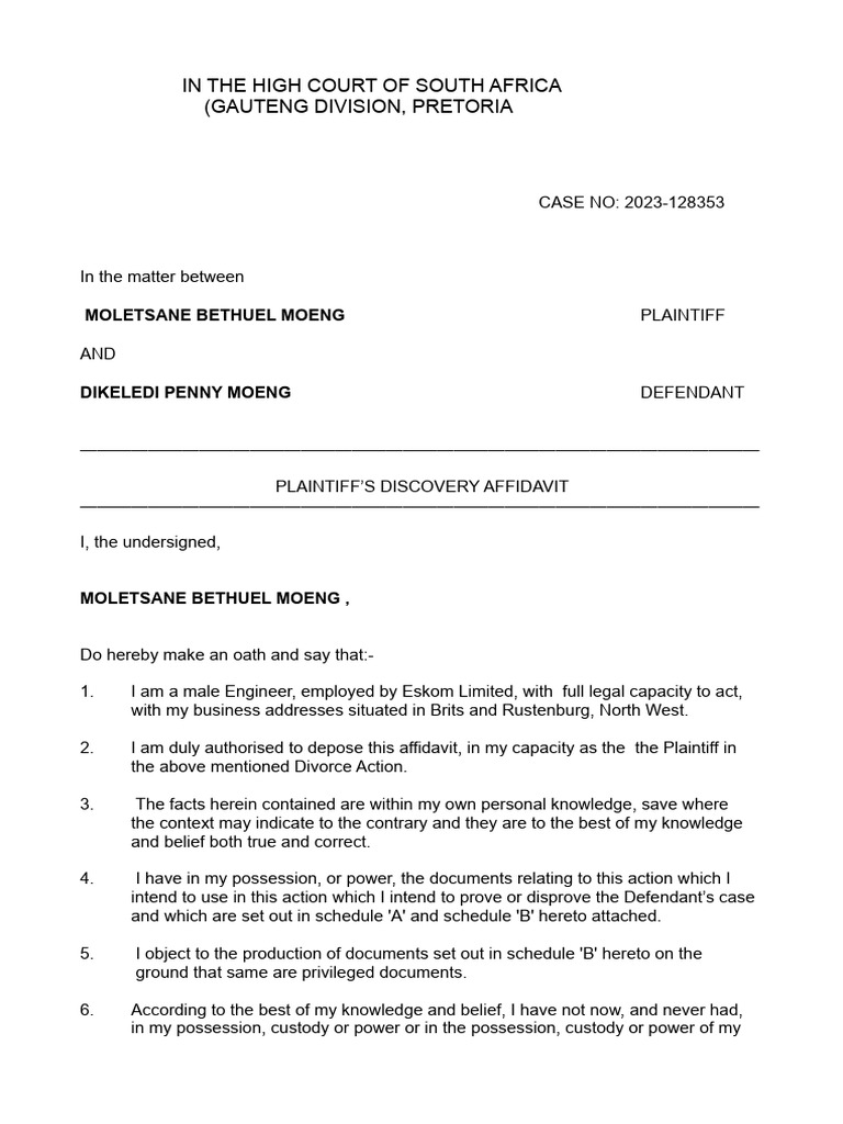 Plaintiff's Discovery Affidavit in Divorce Case | PDF | Affidavit ...