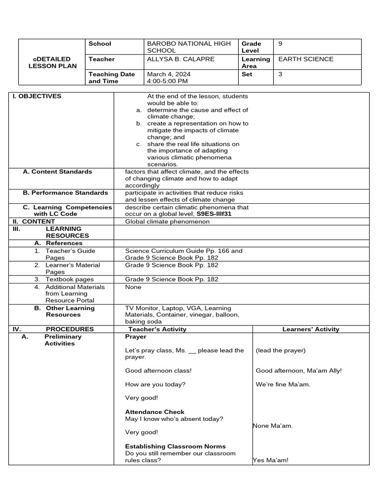 Grade 9 Earth Science: Climate Change Lesson | PDF | Climate Change ...