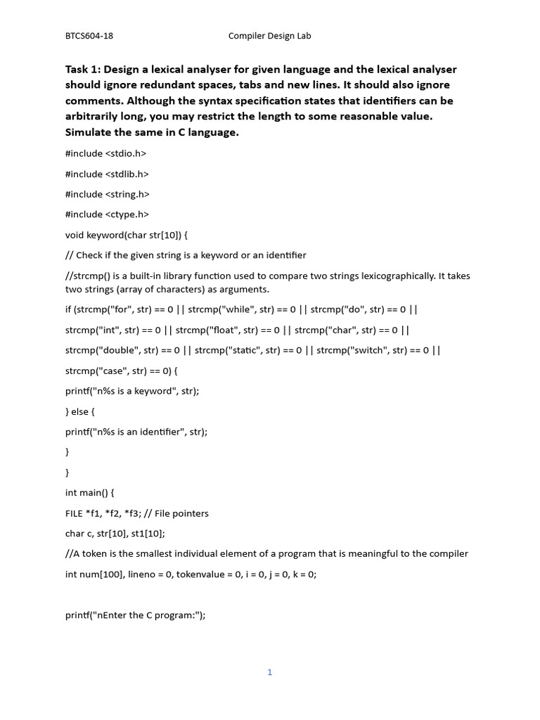 Lexical Analyzer Design in C Lab | PDF | Computing | Computer Science