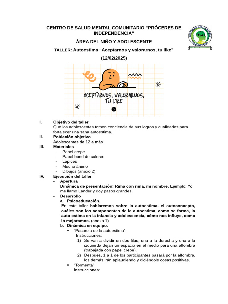 Taller de Autoestima para Adolescentes | PDF | Autoestima | Conceptos ...