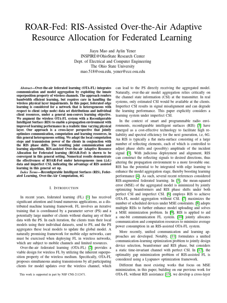 ROAR-Fed: RIS for Adaptive Federated Learning | PDF | Applied Mathematics