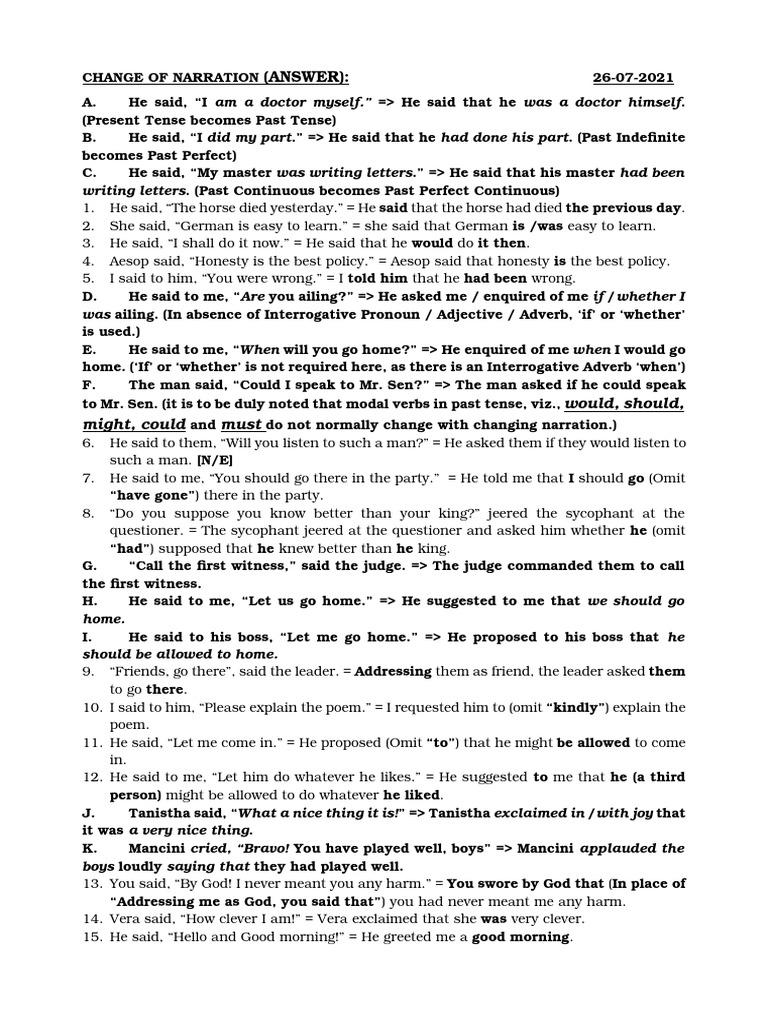 Change of Narration Examples | PDF | Language Mechanics | Linguistic ...