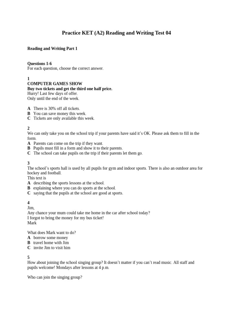 KET A2 Reading & Writing Practice Test | PDF | Cookbooks