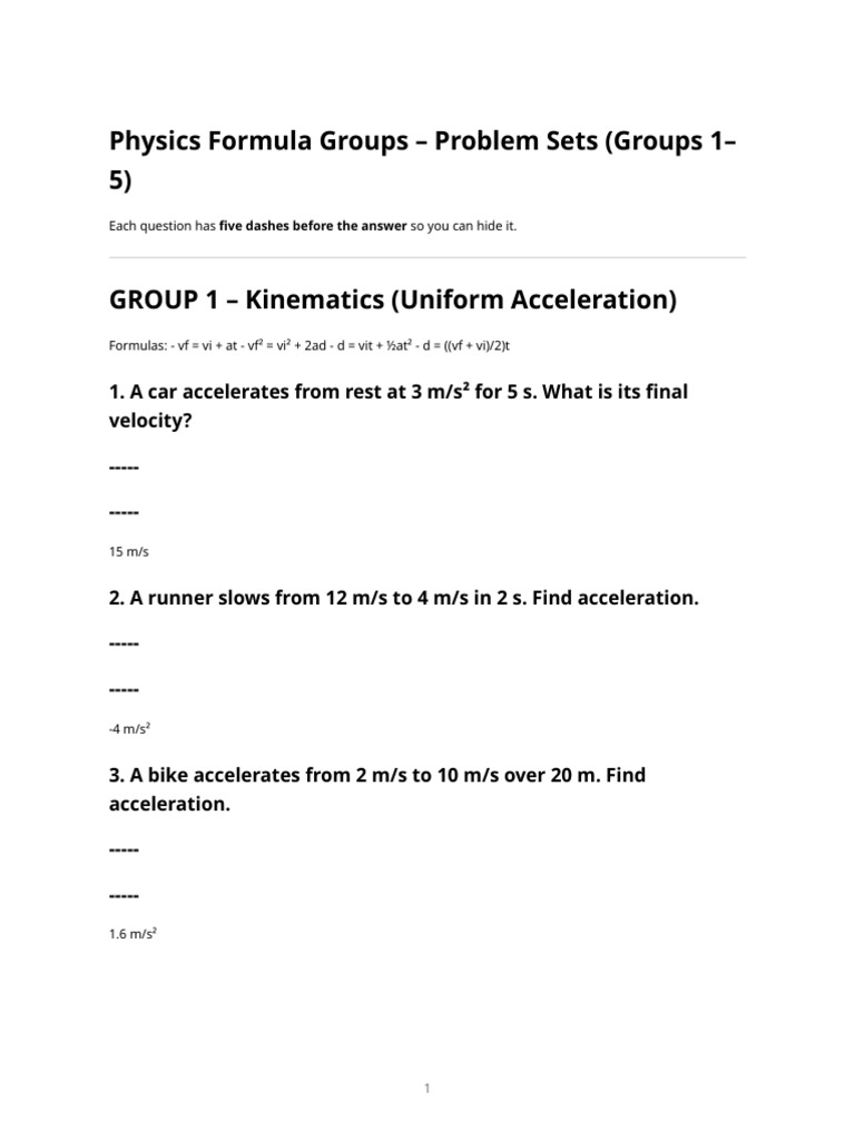 Physics Problem Sets: Kinematics & Forces | PDF | Acceleration | Force