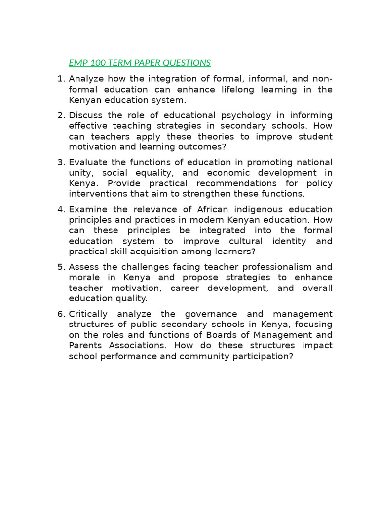Kenyan Education System Term Paper Topics | PDF