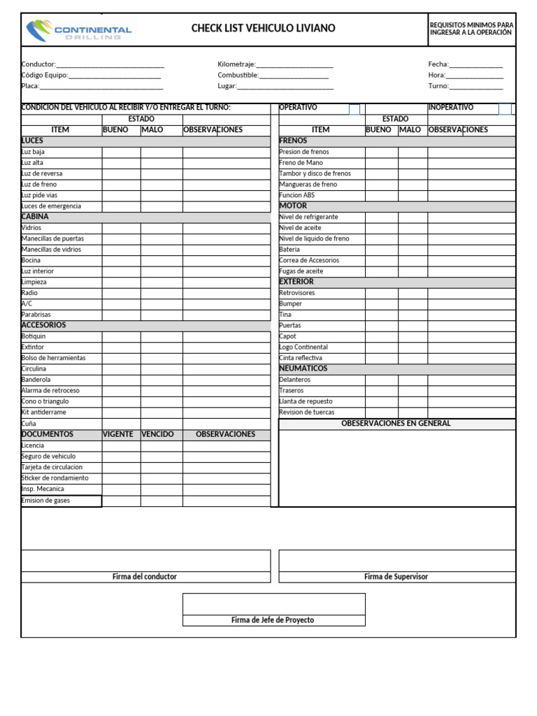 Checklist de Inspección Vehicular | PDF | Tecnologías automotrices | Coche