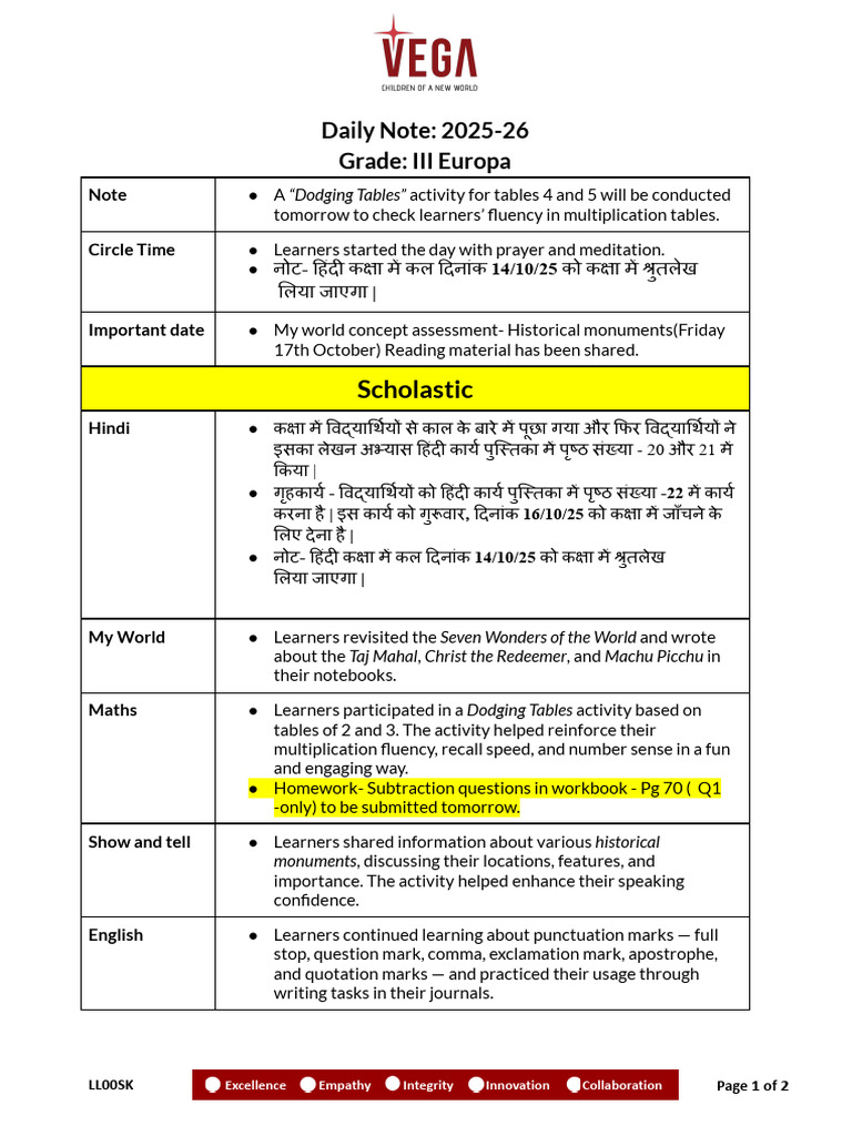 Grade III Daily Notes: Activities & Homework | PDF | Orthography ...