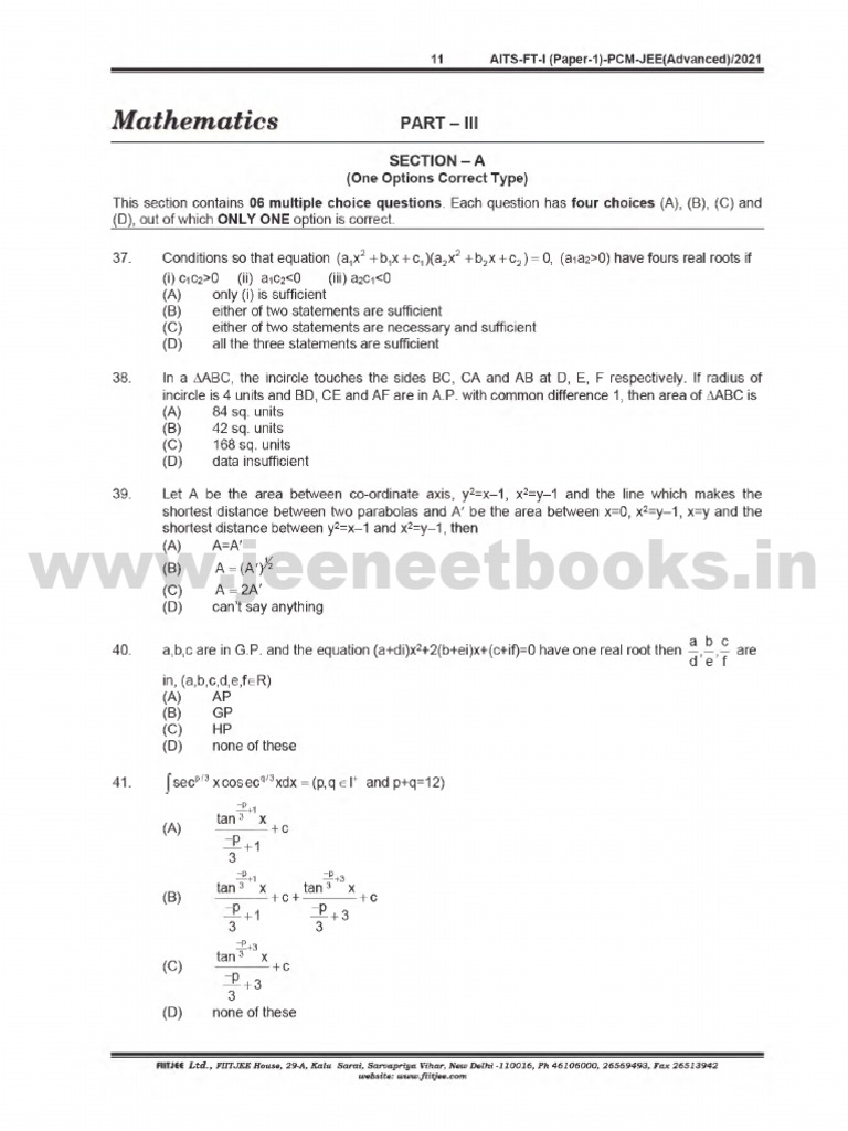 JEE Advanced 2021 Mathematics Questions | PDF | Summation ...
