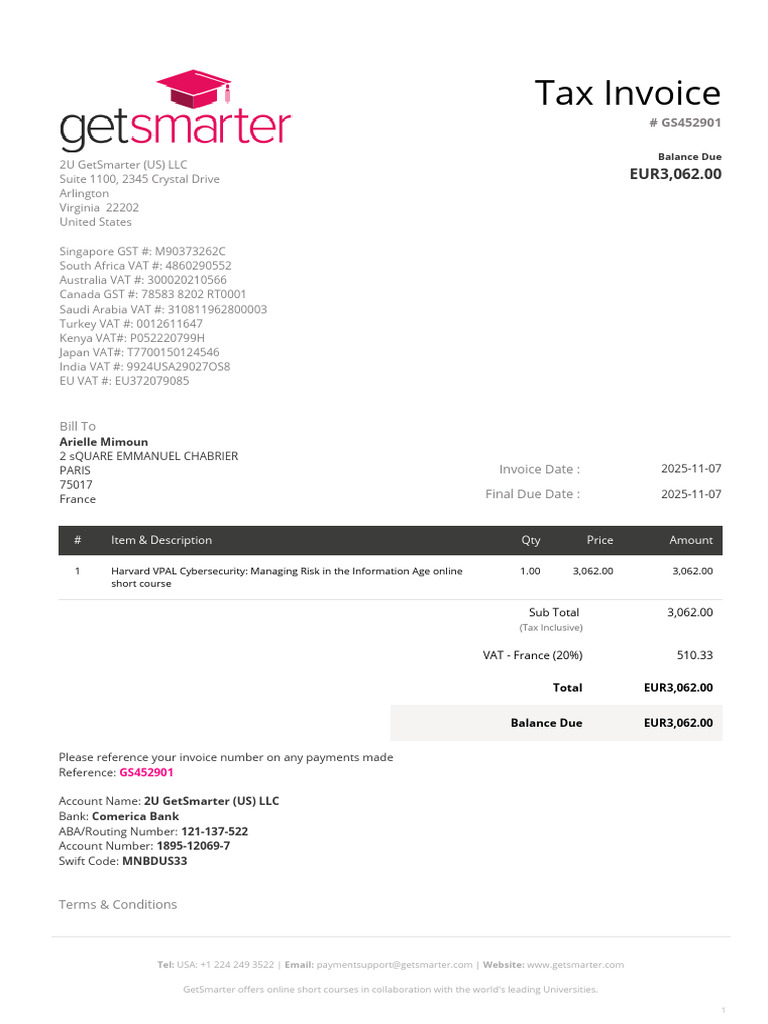 GetSmarter Invoice for Online Course | PDF | Value Added Tax | Invoice