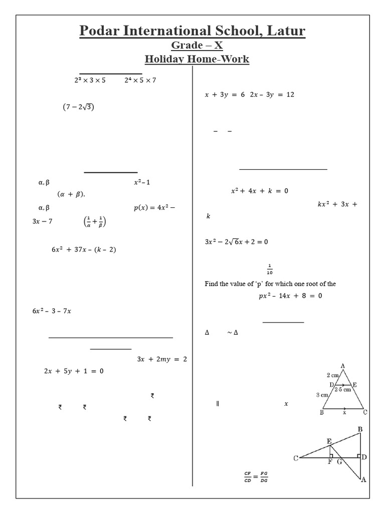 G 10 Maths Holiday HW | PDF | Circle | Quadratic Equation