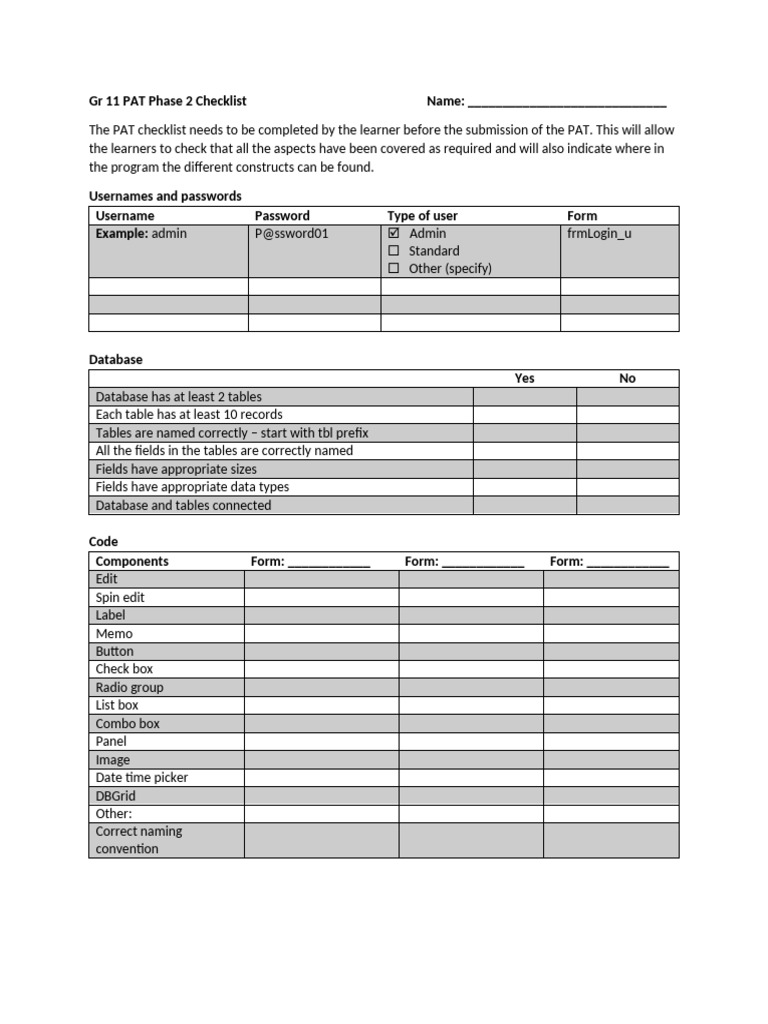 Gr 11 PAT Submission Checklist | PDF | Databases | Variable (Computer ...