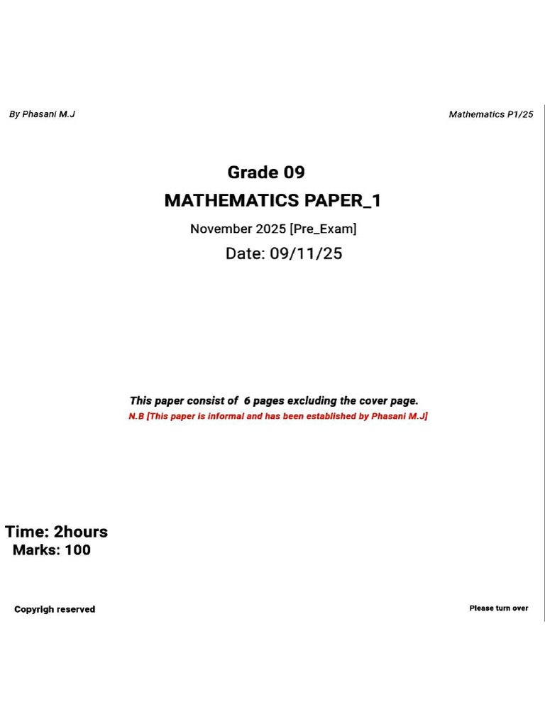 Grade 9 Mathematics - P1 Nov (Pre - E25) - Phasani M.J | PDF