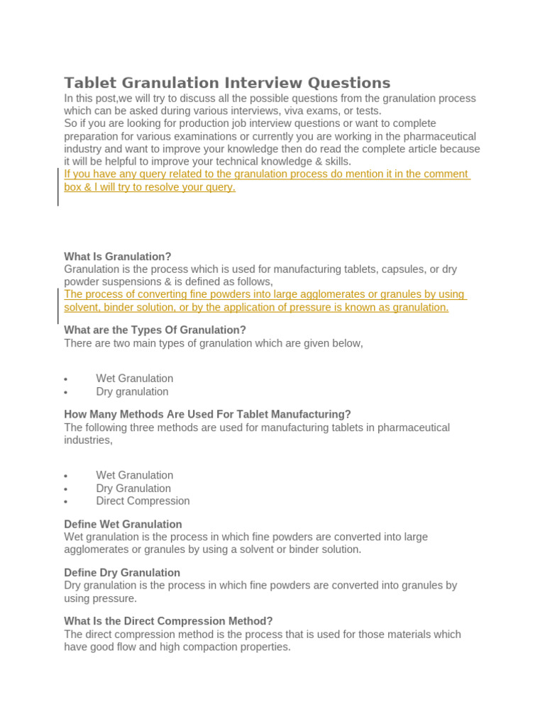 Tablet Granulation Interview Guide | PDF | Tablet (Pharmacy)