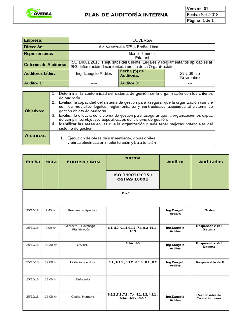 Plan de Auditoría Interna ISO 14001 | PDF | Auditoría | Business