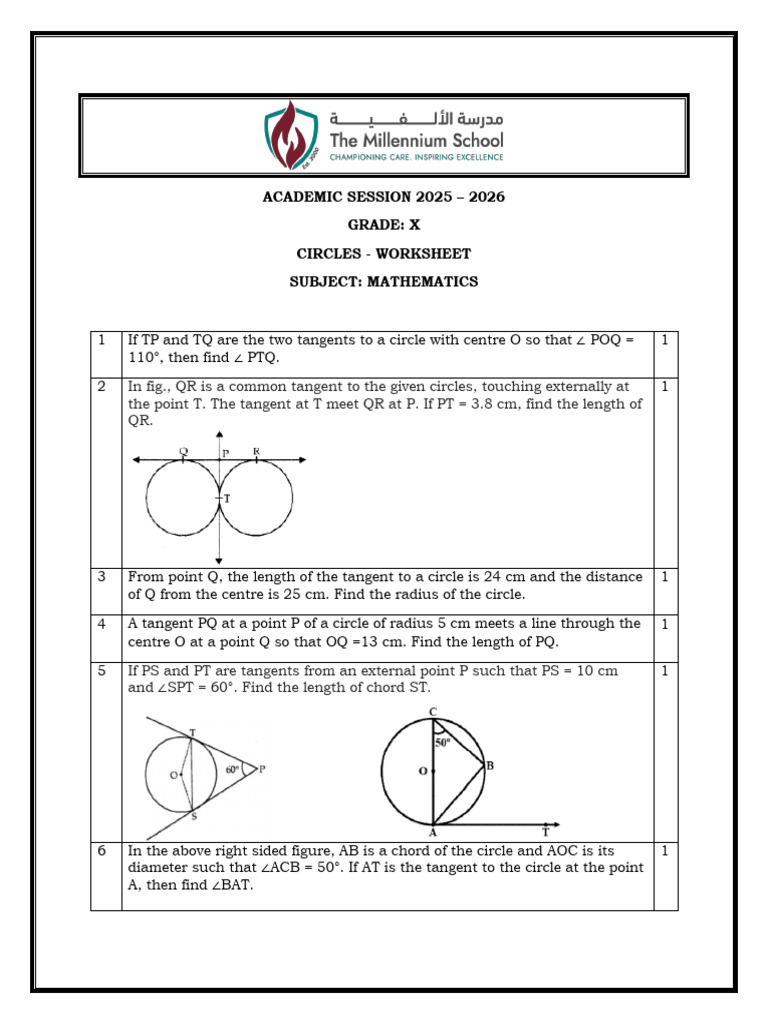 Grade 10 Circles Worksheet | PDF | Circle | Angle