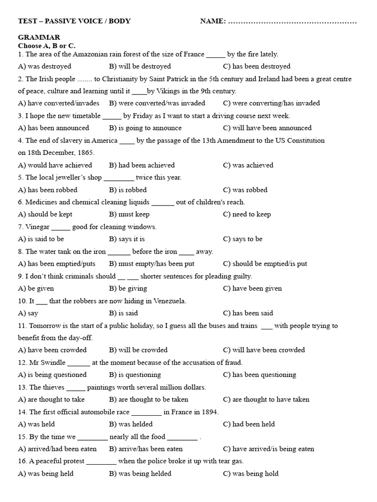 Passive Voice Grammar and Vocabulary Test | PDF
