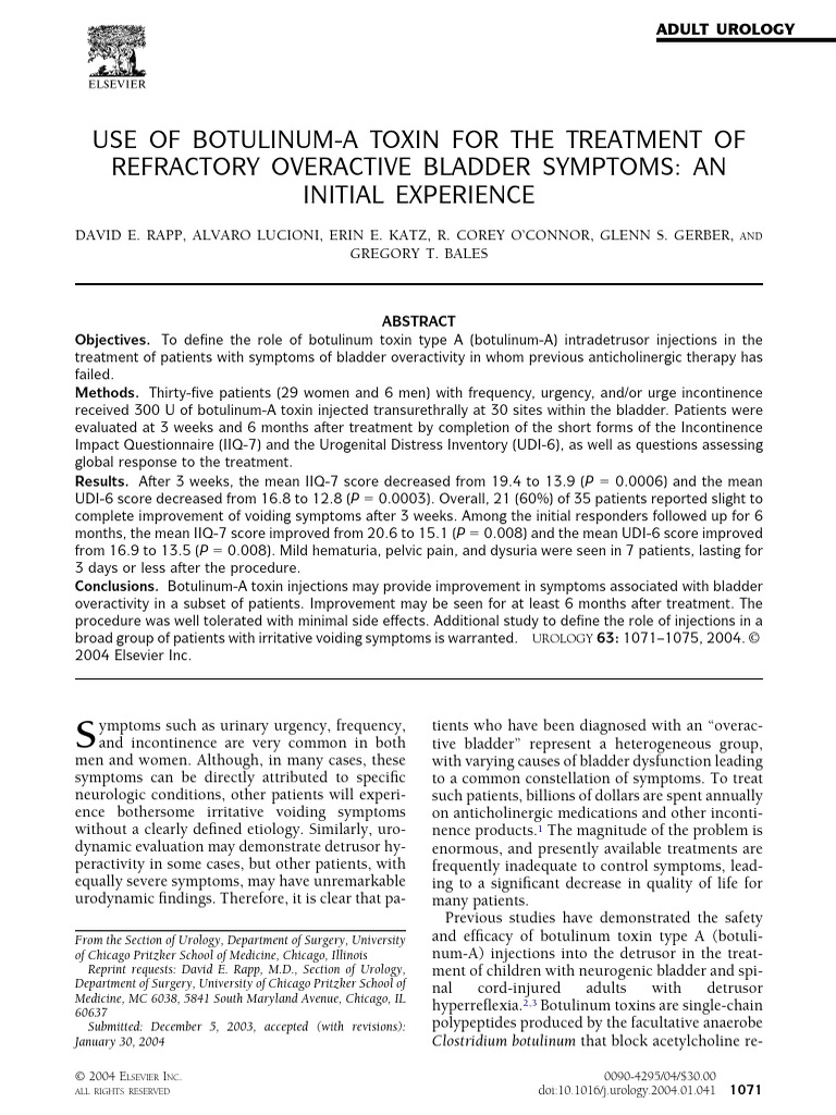 Botulinum-A for Refractory Overactive Bladder | PDF | Urinary ...