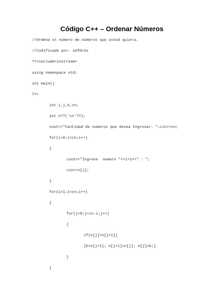 Código C++: Ordenar y Comparar Números | PDF | C ++ | Estándares del ...