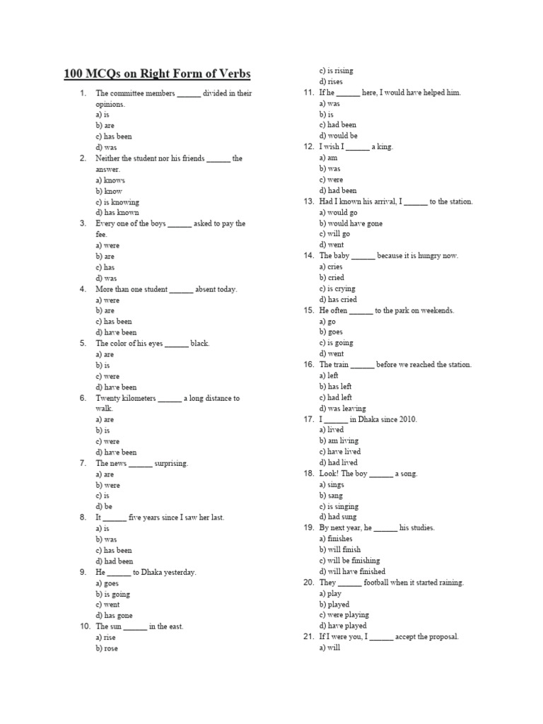 4th 100 MCQs On Right Form of Verbs | PDF