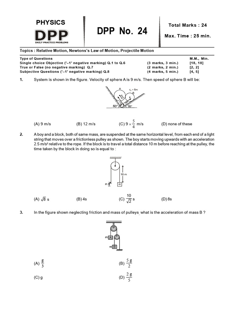 Physics DPP 24: Motion & Forces | PDF | Mechanics | Physics