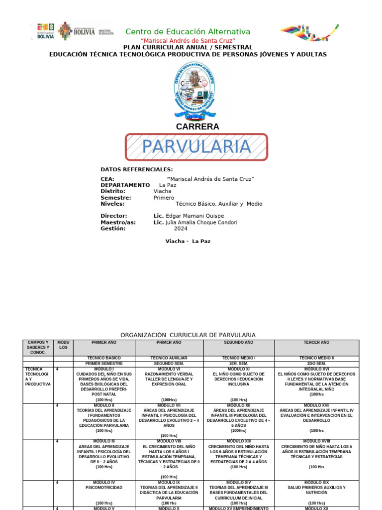 Plan Curricular Parvularia 2024 CEA La Paz | PDF | Educación de la ...