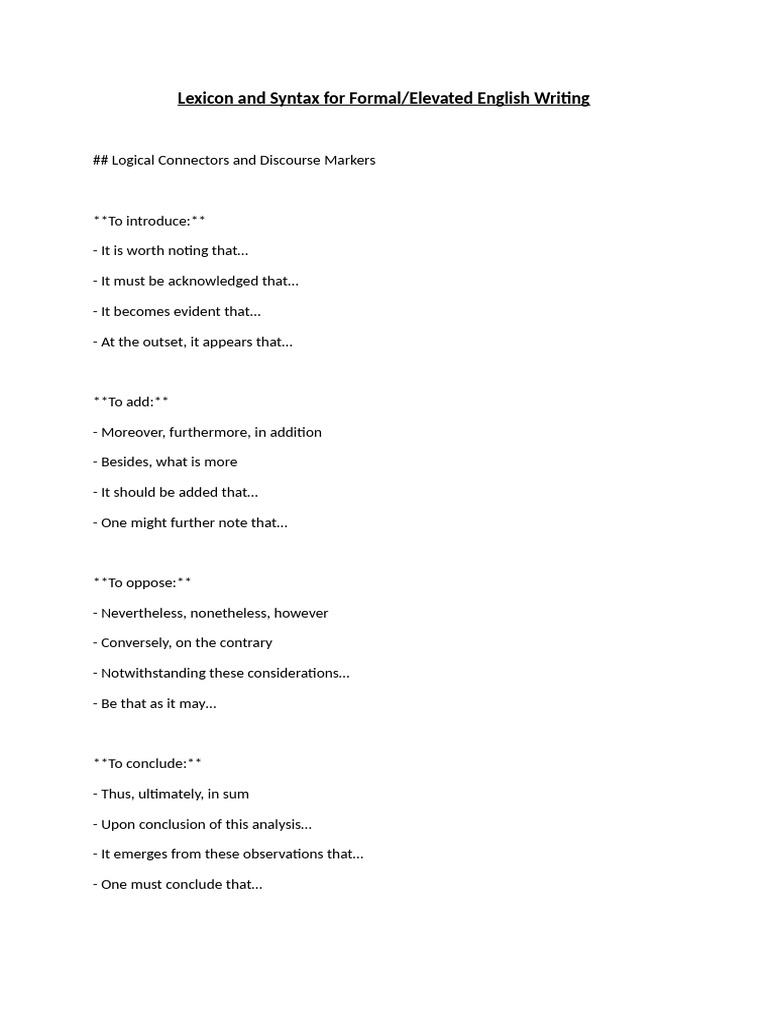 Lexicon and Syntax For Formal Elevated English Writing | PDF