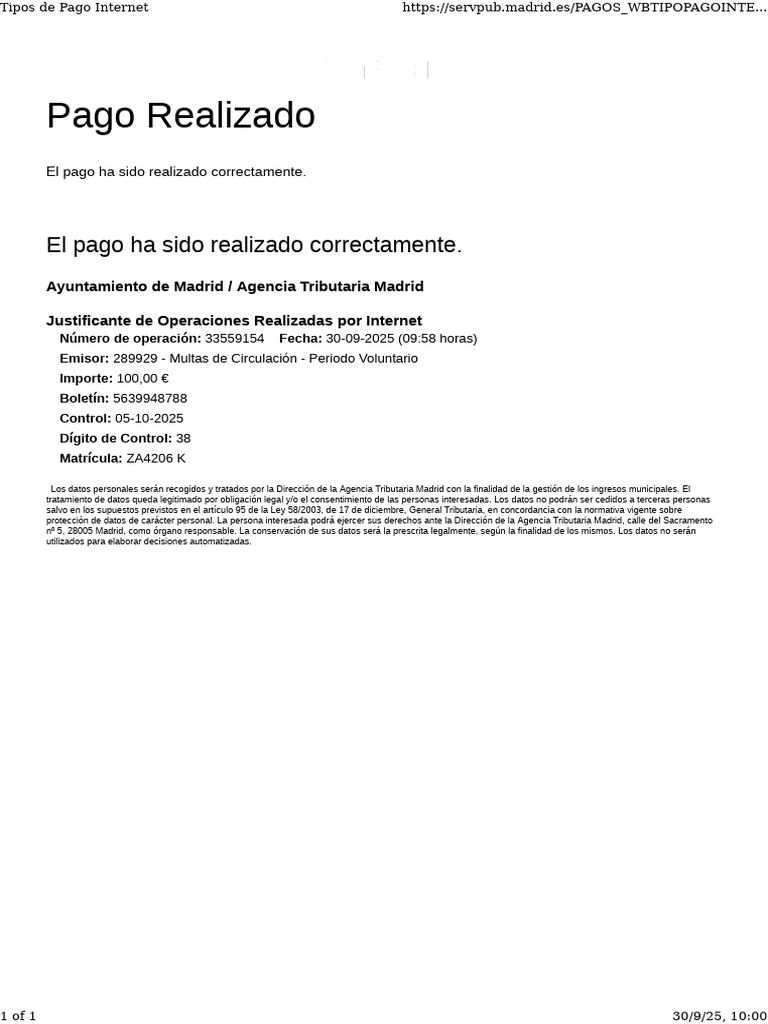 Justificante de Pago Ayuntamiento Madrid | PDF