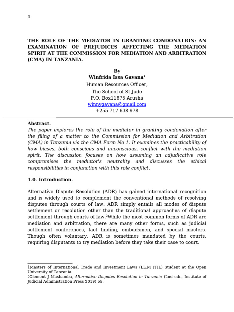 Mediator's Role in Condonation in Tanzania | PDF | Mediation ...